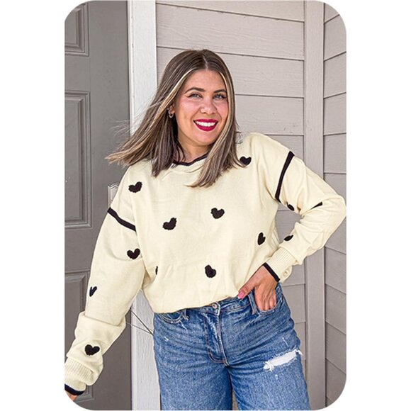 Women's Heart Sweater Casual Knit Crew Neck Long Sleeve Plus Size - Picture 4 of 6